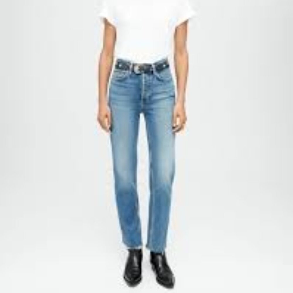 Re/done Comfort Stretch High Rise Stove Pipe sanded  blue skinny jeans  size 27